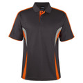 Charcoal grey polo with orange and white contrast panels on shoulders, sides and sleeve trim
