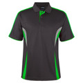 Charcoal polo shirt with lime green and grey contrast panels on shoulders, sides and placket