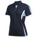 Navy polo shirt with sky blue and white contrast side panels and sleeve piping