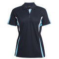 Navy women's polo shirt with sky blue and white side panels, three-button placket, short sleeves