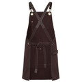 Dark brown canvas cross-back apron with PU leather straps, brass eyelets, waist tie, and side tool pocket
