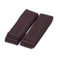 Pair of dark chocolate woven apron straps with textured fabric and velcro tab ends, flat lay