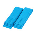 Pair of sky blue textured fabric apron straps with herringbone weave and tab detail, flat lay