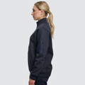 Charcoal grey half-zip fleece sweater with standing collar and utility sleeve pocket shown in side profile