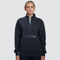 Navy half-zip fleece sweater with contrast grey zipper detail and front pocket panel