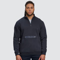 Charcoal grey half-zip fleece sweater with stand collar and zippered front pocket on sleeve detail
