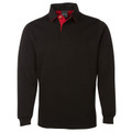 Black long sleeve rugby polo shirt with red contrast collar and two-button placket, flat lay packshot