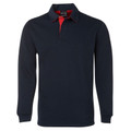 Navy long sleeve rugby polo shirt with red contrast collar lining and ribbed cuffs, flat lay packshot