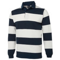 Navy and white wide-stripe long sleeve rugby polo with ribbed cuffs and two-button placket
