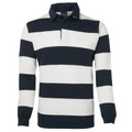 Navy and white wide-stripe long sleeve rugby shirt with buttoned collar and ribbed cuffs