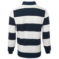 Rear view of navy and white wide-stripe long sleeve rugby shirt with ribbed cuffs and polo collar