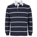 Navy and white horizontal stripe rugby polo shirt with white contrast collar and two-button placket