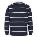 Navy rugby polo with white yarn-dyed horizontal stripes and white collar, back view showing long sleeves