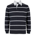 Navy blue and white striped long sleeve rugby jersey with contrast white collar and button placket