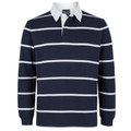Navy and white striped rugby polo with white collar and long sleeves