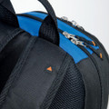 Close-up of black and royal blue 25L backpack showing padded straps, mesh panel, metal zippers with orange pulls, and triangle logo badge