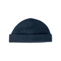 Navy polar fleece beanie with rolled cuff and paneled crown construction
