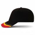 Black baseball cap with red, gold and black striped peak featuring embroidered white dot trim detail