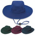 Royal blue wide brim sun hat with adjustable chin cord, shown with bottle green, maroon and navy colour options