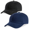 Black and navy blue structured six-panel caps with curved brim and smooth front panel, packshot