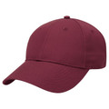 Maroon poly viscose baseball cap with curved brim and six-panel construction featuring tonal stitching