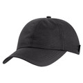 Black structured cap with curved brim and textured ripstop fabric panel construction
