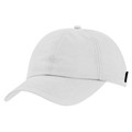 White structured baseball cap with curved brim and adjustable back strap