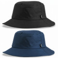 Black and navy Vor-tech® bucket hats with wide brim, smooth nylon shell and small woven label