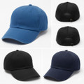 Six panel acrylic caps in royal blue, black and navy with curved brim and metal buckle closure