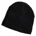 Black ribbed cable knit beanie with turned-up cuff and textured vertical pattern