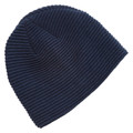 Navy ribbed knit beanie with fleece lining and textured horizontal rib pattern throughout
