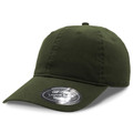 Olive green unstructured cotton twill cap with curved brim and six-panel construction