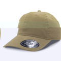 Khaki unstructured cotton twill cap with curved brim and six-panel construction