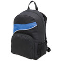 Black and charcoal backpack with royal blue curved panel accent and white piping detail, featuring front zippered pocket and side mesh compartment
