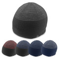Two-tone ribbed knit beanie in charcoal grey and black with textured horizontal striping pattern
