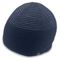 Navy blue ribbed knit beanie with two-tone horizontal stripe pattern and small branded tag at hem