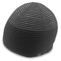 Charcoal and grey ribbed knit beanie with horizontal two-tone striped pattern throughout