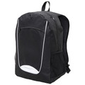 Black backpack with white reflective trim panels and mesh side pockets