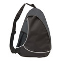 Black and charcoal grey sling backpack with white piping trim, mesh side pocket and adjustable shoulder strap