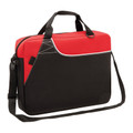 Red and black satchel bag with contrast piping, dual handles and adjustable shoulder strap