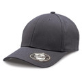 Charcoal grey structured six-panel cap with curved peak and embroidered eyelets