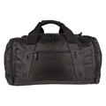 Black duffle bag with multiple zippered compartments, padded carry handles and side shoe tunnel access