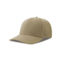 Khaki six-panel snapback cap with smooth structured crown and curved peak, packshot view