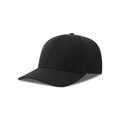 Black six-panel recycled polyester snapback cap with smooth crown and structured curved brim