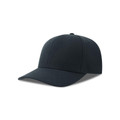 Navy recycled polyester snapback cap with structured crown, curved brim, and smooth flat front panel