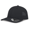 Charcoal grey perforated nylon cap with laser-cut ventilation panels on side and curved peak