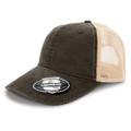 Olive green washed cotton front panel trucker cap with natural beige mesh back and unstructured crown
