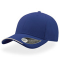 Navy blue structured cap with white contrast piping along curved peak and sandwich trim