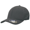 Charcoal grey stretch-fit curved peak cap with smooth six-panel crown and structured bill