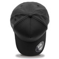 Black 5-panel sport cap shot from above, smooth lightweight performance fabric, structured brim and crown with Flexfit badge